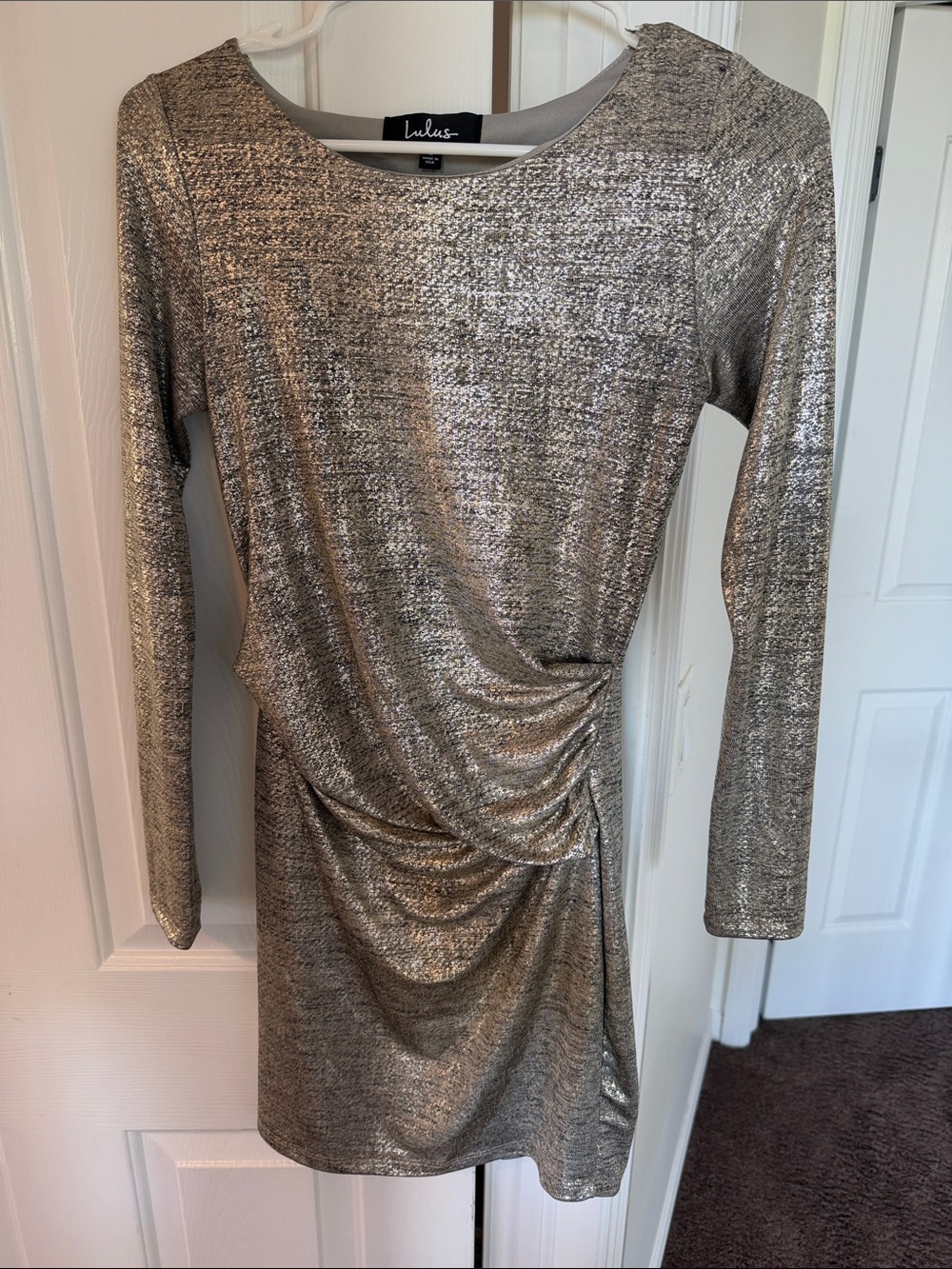 Lulu's Metallic Gold Ruched Long-Sleeve Dress